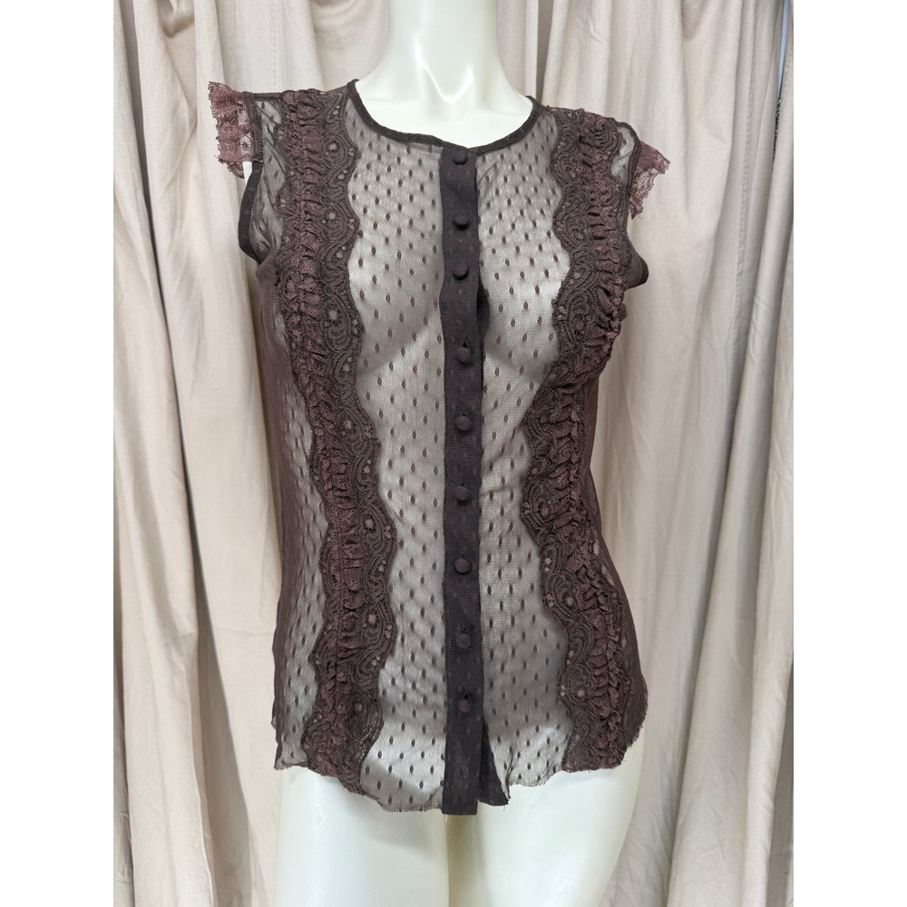 Express Vintage Y2K Brown Sheer Lace Mesh Button Front Top Size M